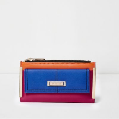 Blue colour blocked zip top purse